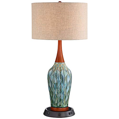 360 Lighting 21V95-79V96 Rocco Mid Century Modern Table Lamp With Dimmable Usb Workstation Charging Base 30 Inch Tall Blue Teal Ceramic Cherry Wood Linen Drum Shade cover