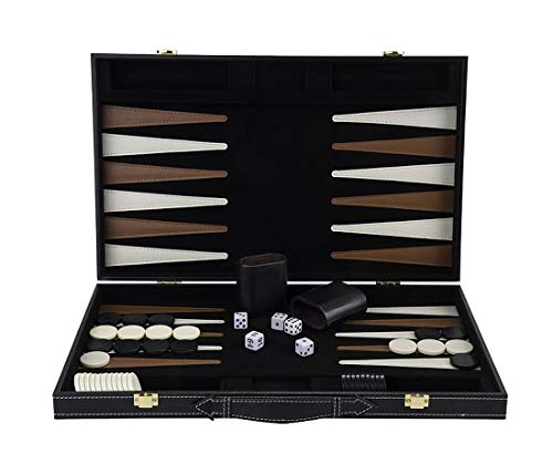 Engelhart Juego de Backgammon de Madera de Lujo en Funda Cubierta de Piel sintética, 2 Jugadores, 5 Dados, 2 Tazas, así como Tabla de Mezclar, (marrón/Marfil 18 Pulgadas)