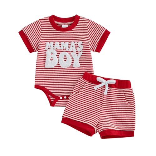 Image of Douhoow Baby Boy Summer Outfits Short Sleeve Mamas Boy Embroidery Baby Waffle Romper Shorts Set Infant Festival Clothes