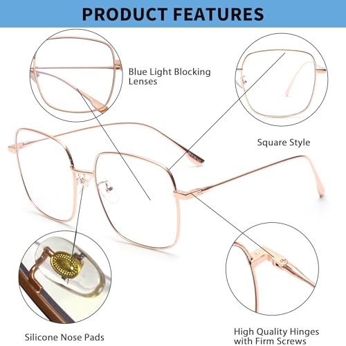 JM Blue Light Blocking Gaming Glasses Square UV400 Protection Metal Optical Computer Eyeglasses Anti Glare Eye Strain Men Women Gold - Image 3