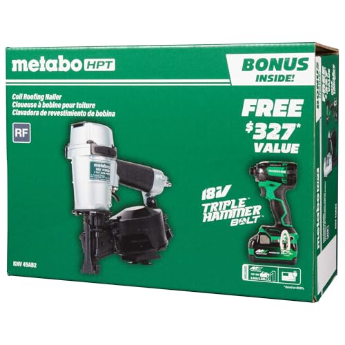 Image of Metabo HPT Pneumatic Roofing Nailer + 18V Impact Driver Pro Bundle Kit, 1-3 /4-Inch Coil Roofing Nailer with BONUS 18V Triple Hammer Impact Driver Kit, KNV45AB2