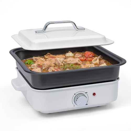 Mini olla caliente eléctrica, olla de ramen portátil de 4 litros con sartén para parrilla y revestimiento antiadherente, protección contra hervir en seco, color blanco