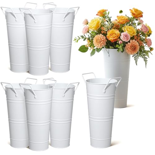 Oqqlin 8 Pcs 9 Inch High Galvanized Flower Bucket Metal Flowers Vases with Handles White Vintage French Farmhouse Flower Holder for Cut Flowers Wedding Table Centerpiece Decor4.3 Inch Wide