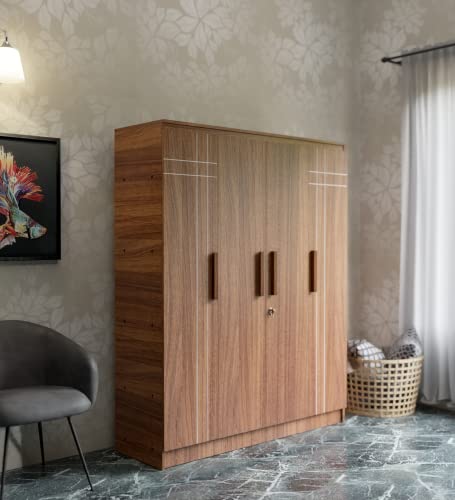 Image of COUCH CULTURE Loyal Engineered Wood Wardrobe with 4 Doors | Almirah | Multipurpose Storage Organizer| Well Designed Storage Compartments | 11 Shelves, Strong Locks, Leon Teak 1 Year Warranty