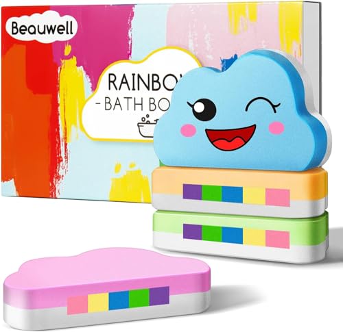 Image of Rainbow Bath Bombs for Kids, Handmade 4 Pcs Kid Bath Bombs Gift Set, Easter Basket Stuffers Easter Gifts for Kids Teens Girls Toddler Rainbow Bubble Fizzy