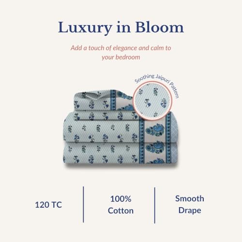 Image of Jaipur Weaves Jaipuri Double Bed Cotton Bedsheet Queen Size 90x85, 120 TC 100% Pure Cotton Bed Sheet with 2 Pillow Covers, Floral Traditional Print (Blue Motifs, Double)