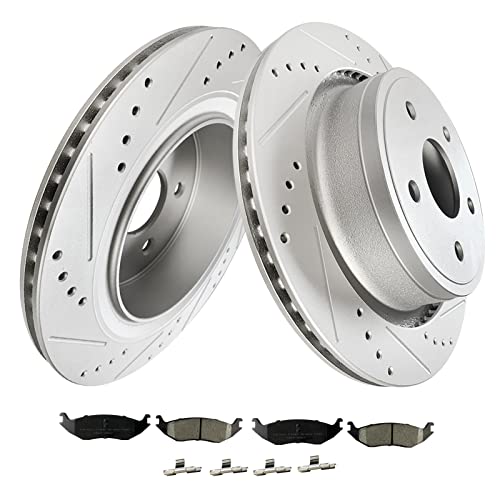 Weize Front Rear Truck & Tow Brake Kit, Carbon Fiber Ceramic Brake Pads & Drilled/Slotted Brake Rotor, Replacement For Dodge Ram 1500 #TOP7