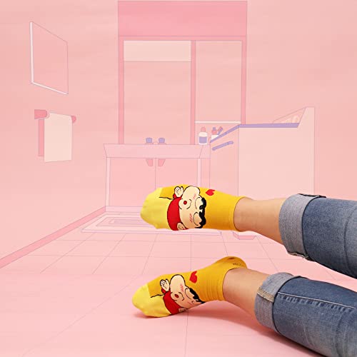 THELA GAADI Shinchan Socks - Pure Cotton Printed Funky Socks For Men & Women | Low Cut Ankle Length Socks | Odour Free & Beathable, Free Size | Pack Of 4 (Shinchan Mood), Assorted