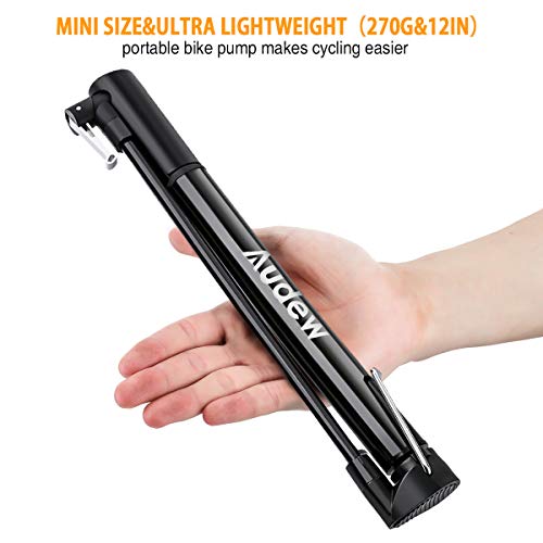 Audew Portable Bike Pump - 12Inches Lightweight Bicycle Air Pump with Folding Handle - 160Psi Presta and Schrader Valve for Mountain Road BMX Bike, Ball, Inflatable Toy Including Puncture Repair Kit