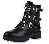 schwarze ankle boots nieten Absatzform: Blockabsatz TiffStyle Damen Stiefeletten Stiefel schwarz mit Strass oder Perlen Schnür Biker Boots Perlen (numeric_36)
