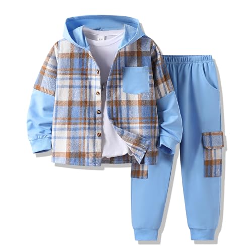 Voxikodex Size 5 6 Years Boys Clothes Flannel Plaid Shirt Hoodies Sweatshirt & Sweatpants 3PCS Boys Fashion Winter Clothes Set Blue(5-6Y)