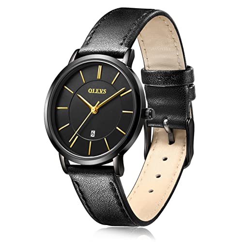 OLEVS Watches for Women Waterproof Wristwatches Analog Quartz Ultra Thin Black Watches Leather Strap Watches with Date Calendar Watches,Gifts for Women