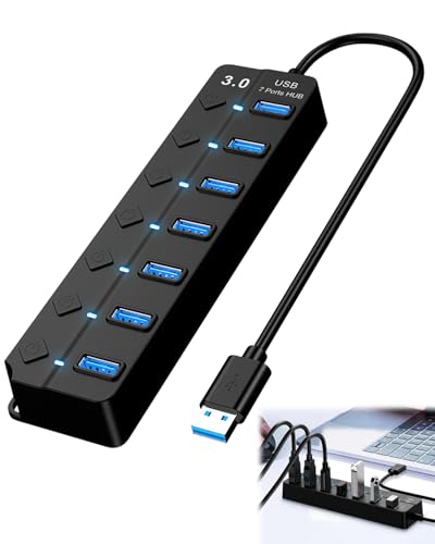 7 Port USB Hub 3.0, USB Port Verteiler Multiport Adapter Mehrfach mit Separater Schalter und LED Anzeigen Splitter 5Gbps Data DC 5V Datenhub für PC, Laptop, MacBook und weitere USB Geräte 7 Port USB Hub 3.0, USB Port Verteiler Multiport Adapter Mehrfach mit Separater Schalter und LED Anzeigen Splitter 5Gbps Data DC 5V Datenhub für PC, Laptop, MacBook und weitere USB Geräte