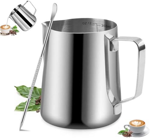 La Mejor Lista de Jarras para vaporizar leche que Puedes Comprar On-line. 44 SADOWAY Jarra para Espumar Leche - Jarra de Vapor Exprés Taza para Espumar Leche Jarra de Acero Inoxidable y Accesorios para Cafe con Latte Art Pen/Barista Pen (Plata 12oz/ 350ml)