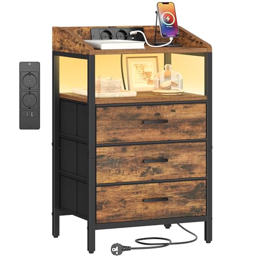 Hzuaneri Table de Chevet avec Éclairage LED, Table d’Appoint avec Multiprise, Table de Nuit avec 3 Tiroirs de Rangement en Tissu, pour Chambre, Salon, Brun-Noir...