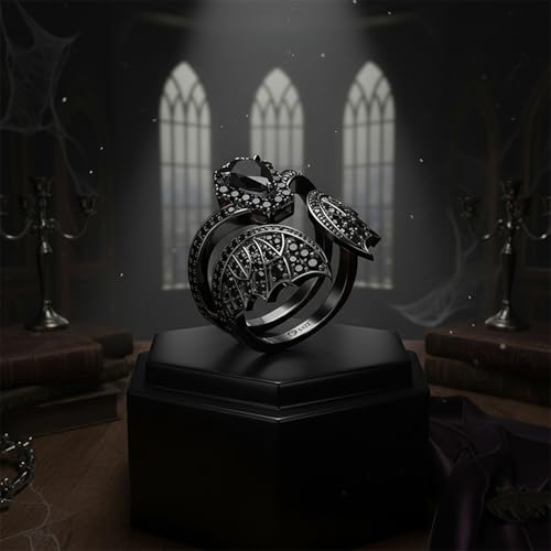 Image of Jeulia Unique Gothic Design 925 Sterling Silver Pear Cut Bat Coffin Promise Engagement Wedding Ring Set with Diamond Wings Bridal Jewelry Gift Box