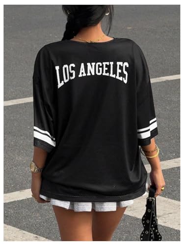 SweatyRocks Women's Half Sleeve Loose T Shirt Lace V Neck Graphic Tee Number Shirt2