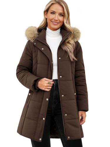 Funlingo Winter Warm Puffer Coat for Women Hooded Thickened Quilted Down Jacket Windproof Casual Long Parka Outerwear Coffee XL