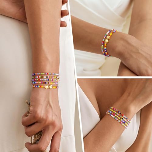 M MOOHAM 5PCS Colorful Beaded Initial Bracelets for Girls Women - Cute Stretch Heart Letter Beaded Bracelet Bohemian Initial Stackable Bracelet Birthday Gift Jewelry for Kids Teen Girl4