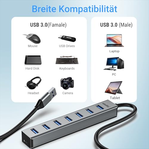 Hub USB 3.0 a 7 porte con cavo da 100 cm, hub USB in alluminio con multiplo USB 3.0 5 Gbps dati e 5 V/3 V Type-C, splitter USB multiplo per PC portatile - Hub USB - Immagine 4