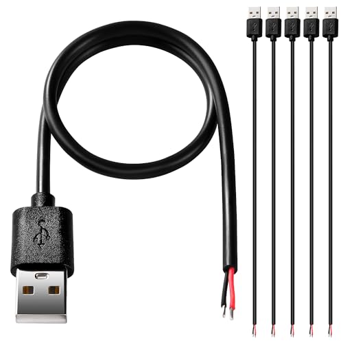 KUOQIY 5 St&uuml;cke USB-A Stecker 5V / 3A Pigtail offenes Ende Stromkabel, 30cm 22 AWG USB 2.0 Stecker 2-poliger Draht DIY Pigtail-Kabel, f&uuml;r USB-Ger&auml;te Reparatur DIY-Kabel