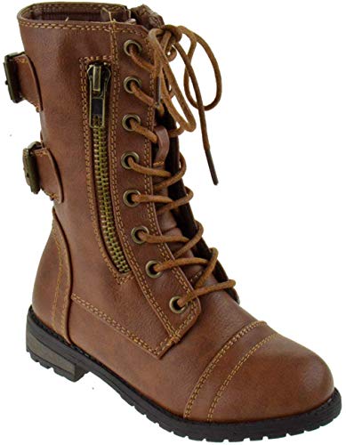 Forever Link Mango 61K Little Girls Lace Up Side Zipper Combat Boots Tan 9