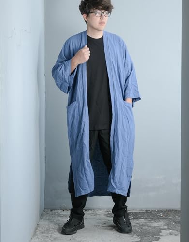 Image of Men's Long Cotton Linen Kimono Cardigan Oversized Noragi Jacket Man Haori Summer Yukata Beach Robe