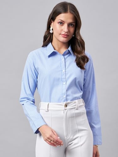 Image of Style Quotient Women Self Design Stripe Blue and White Polycotton Formal Shirt