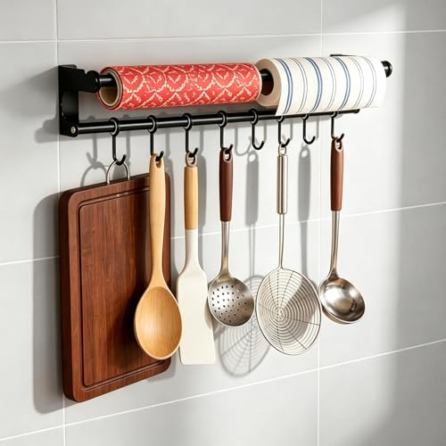 PARFCO Barre de cuisine 60 cm avec 8 crochets, rail de cuisine, noir, porte-crochets pour ustensiles de cuisine, support mural, avec instructions de montage...