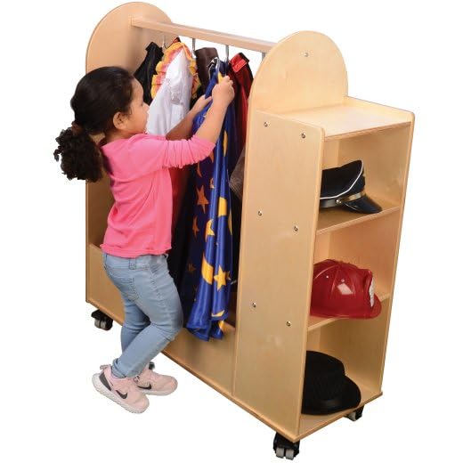 Constructive Playthings Rolling Mobile Wooden Dress-Up Cart for Children with Mirror and Hooks, Durable Classroom Furniture for Schools, Daycares & Learning Spaces