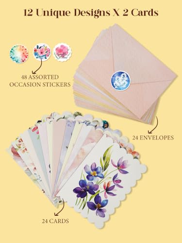 Image of DOODLE Floral Blank Notecards with Envelopes - Set of 24 Mini Greeting Cards with 24 Envelopes & 48 Stickers | Thank You Notes, Gift Enclosures & All Occasion Cards