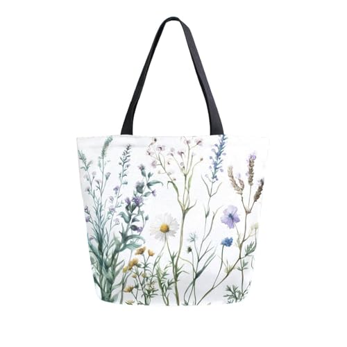 Extra Large Shoulder Tote Bag for Beach Travel Weekender Gym Watercolor Wildflowers Green Leaves Plants Reusable Grocery Canvas Shopping Bag