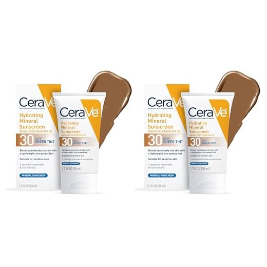 CeraVe Hydrating Mineral Sunscreen SPF 30 with Sheer Tint,Tinted Mineral Sunscreen with Zinc Oxide & Titanium Dioxide,Blends Seamlessly For Healthy Glow,Deep,1.7 Oz,(Pack of 2)