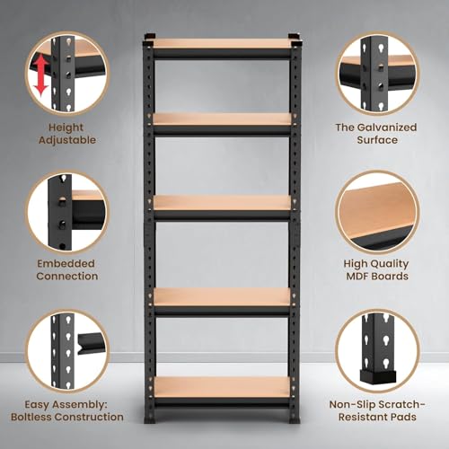 Image of 5 Tier Heavy Duty Storage Rack - Boltless Metal Shelving Unit with Adjustable Shelves, Powder Coated Steel Frame, MDF Board Shelves for Garage, Warehouse, Kitchen & Office Storage (5 Shelf)