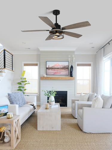 Image of 52 Inch Farmhouse Ceiling Fan with Lights Remote Rustic Fandelier Ceiling Fan Wood Caged Chandelier, 5 Dual Blades, Reversible Quiet DC Motor 6 Speeds for Bedroom Patio