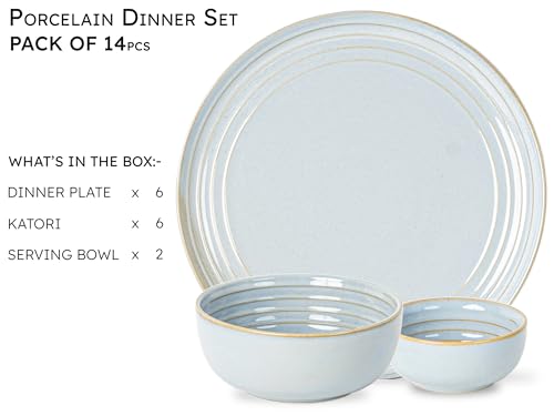 Image of Bodhi House Handcrafted Chip Resistance Porcelain Dinner Set, 14 Pieces Dish Set Serving for 6, Microwave and Dishwasher Safe, Bone-ash Free, Crockery Set for Dining and Gifting, Arctic Blue
