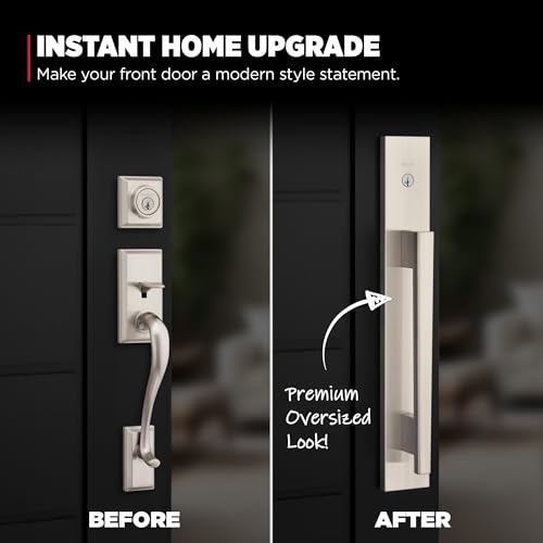 Image of Kwikset Careus Front Door Lock Handle and Deadbolt Set, Entry Door Handleset Exterior with Interior Reversible Lever, Satin Nickel, Pick Resistant SmartKey Rekey Deadbolt Security