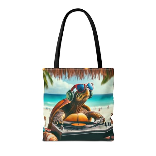Premium Tote Bag with Reinforced Stitching Featuring a DJ Turtle Spinning Records at a Beach Party2