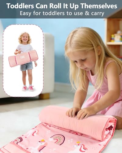 Image of Primlect Toddler Nap Mat, Portable Rolled Sleeping Mat | 51 inchx31 All-in-One Sleeping Bag with Removable Pillow and Soft Blanket, Machine Washable, for Daycare Travel, for Boys Girls