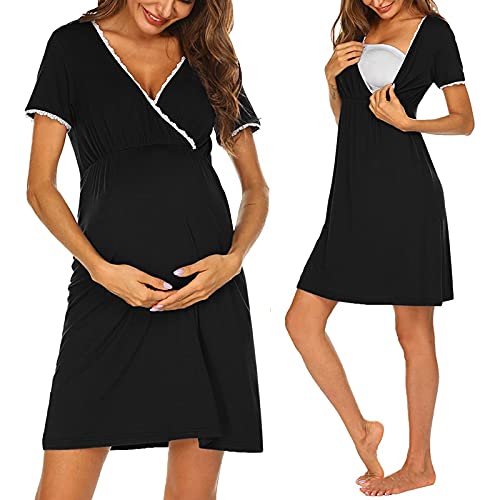 Chemise de Nuit pour Femmes, Col en V Allaitement Nuisette, Robes de Maternité, Vêtements de Nuit Manches Courtes, Pyjama Femmes Enceintes Maternité Ensemble Robes (Black, L) Cover