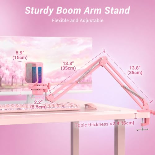 Image of TONOR Gaming Microphone Set, Vocal Condenser Mic fop PC Gamers with RGB | Boom Arm Set, USB Mic with Controllable Light, One Tap Mute, Volume Control, for Discord, Twitch Streaming, Pink, TC310+