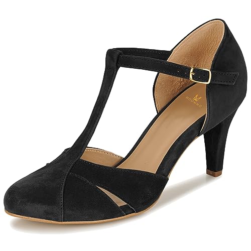 MOOMMO Women Kitten Heel Mary Jane Pumps Shoes Ankle T-Strap Round Closed Toe Cut Out Dress Sandals Mid Chunky Heels Suede Pumps Office Work Shoes Buckle Patchwork Wedding Party Vintage 4-11 M US