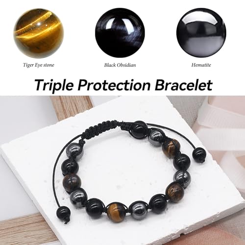 TAGOMEI Mens Bracelet Gifts for Men Him Boyfriend Son Bracelet Triple Protection Tiger Eye Black Obsidian Beaded Bracelets with Engraved Wallet Card Inspirational Birthday Christmas Gifts for Men2