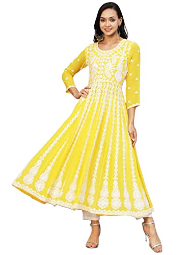 Image of ANNI Designer Women's Georgette Regular Fit Anarkali Chikankari Embroidered Calf Length Kurta Dress