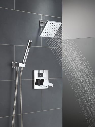 Image of Delta Modern Square Shower System Faucet Set, Chrome 6.5-inch Shower Head and Handle Set, Valve Trim Kit, Chrome T342703 (Valve Not Included)