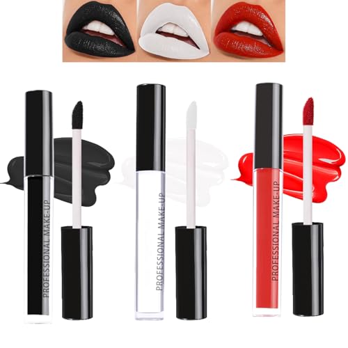 Flüssiger Matt Lippenstift Set, 3PCS Lipgloss Schwarz Rot Weiß, Langanhaltend Liquid Lipstick mit Kussechter, Wischfest Lipliner für volle Lippen, Halloween Lippen Make Up Stift, Intensiver Farbabgabe