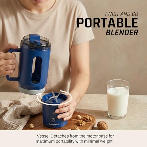 Image of Domestica Blendo Portable Blender for Smoothie and Juices | Portable Juicer Mixer Blender for Fruits with 6-Blade Ice Crushing, 18000 RPM Motor | Compact Mixer Grinder | BPA-Free 500ml (Blue)