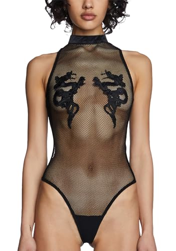 Dolls Kill Bad Luck Dragon Fishnet Bodysuit by Club Exx – High Neck Bodysuit with Embroidered Dragon Accents4