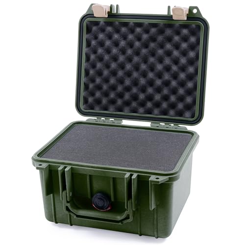 ColorCase Pelican Protector 1300 Case OD Green - Small Size Waterproof Case with Pick & Pluck Foam & Convoluted Lid Foam - Desert Tan Latches