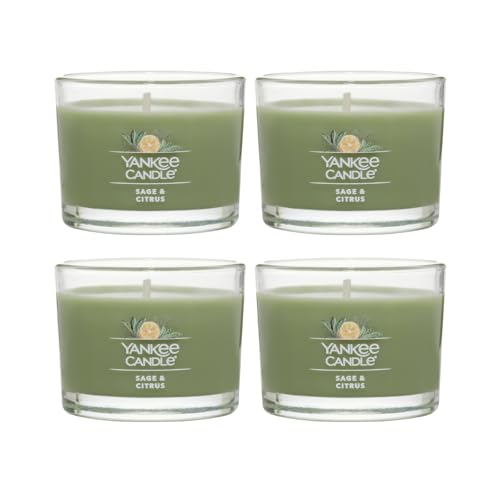 Yankee Candle Signature Votive Mini Candle Jar Sage & Citrus Scent Natural Soy Wax Blend Candle with Natural Fiber Wick 1.3 OZ Glass Jar (Pack of 4)
